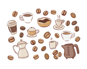 Obraz premium Minimal coffee icon set with warm tones and clean design — ideal for café branding, menu layouts, or lifestyle illustrations.