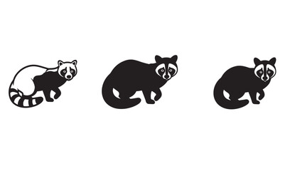 Minimalist black and white illustrations of three raccoons on a clean white background