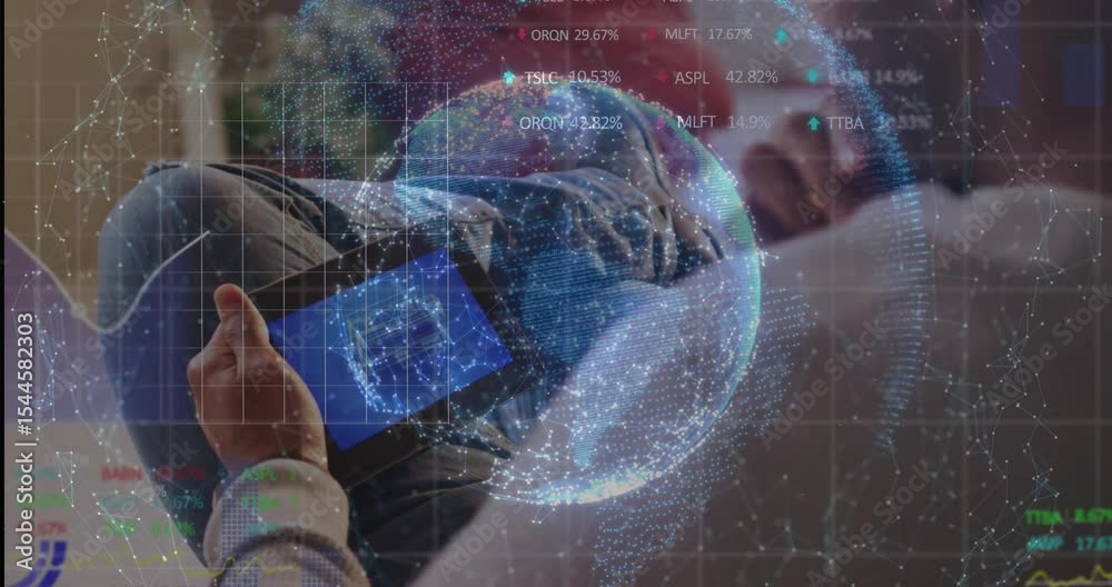 Poster asian man tapping tablet screen and rotating holographic globe while analyzing live data graphs