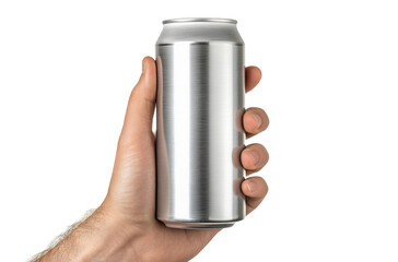 Close-Up of Hand Holding Empty Aluminum Can. Isolated on Transparent Background