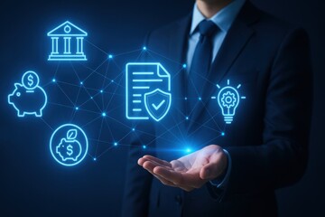 Businessman Presenting Futuristic Holographic Icons of Financial Services in Premium Corporate Environment