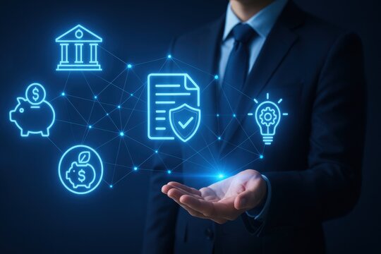 Businessman Presenting Futuristic Holographic Icons of Financial Services in Premium Corporate Environment