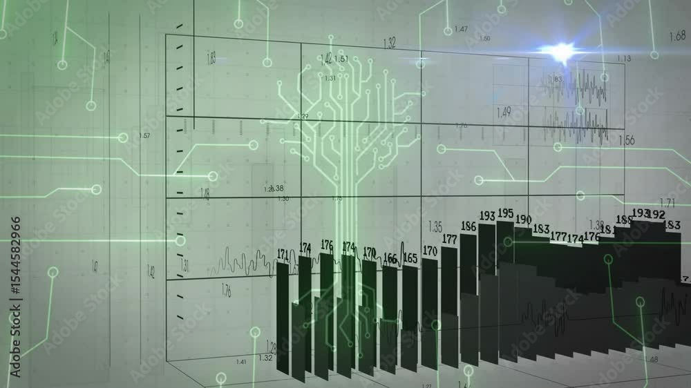 Poster at start circuit lines animating on grey grid forming tree rising receding bars visualizing trends