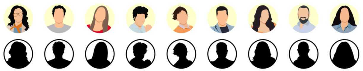 People portraits vector illustration. profile picture User avatars in circles. Collection of male and female human profile face icons. Faceless, Unknown or anonymous person.