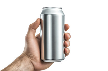 Mockup of Human Hand Holding Empty Metal Can. PNG Format with Clear Background