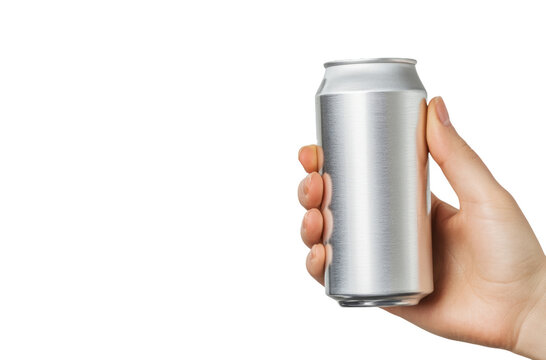 Hand Grasping Blank Aluminum Beverage Can. Cutout Object with No Background