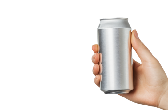 Hand Grasping Blank Aluminum Beverage Can. Cutout Object with No Background