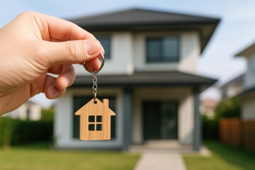 Hand Holding Wooden House-Shaped Keychain Suburban Home Real Estate Purchase Blurred Background Ownership Concept
