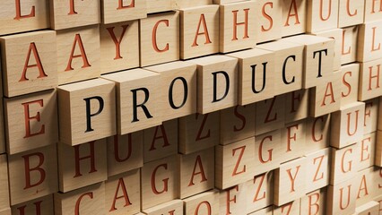 Obraz premium Product word with letters on wooden blocks on wooden table. Product or services sales business concept.3D rendering on wooden background.