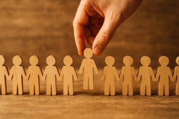 Hand Selecting Iconic Wooden Figures for Talent Acquisition on Textured Wooden Table