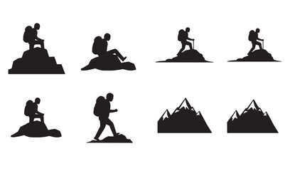 Silhouette illustrations of hikers and mountain peaks representing outdoor adventures and travel