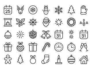 festive outline icon collection of 35 christmas and new year symbols including calendar, decorations, gifts, santa, tree, and party elements