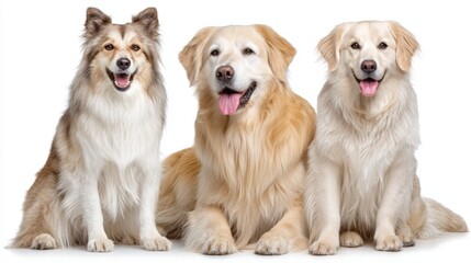 Obraz premium Three cheerful golden retrievers one sitting and one standing are captured in a high fidelity portrait together in a bright studio setting.