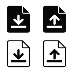 set of black and white upload and download icons representing file transfer, data exchange, and digital communication in vector style