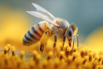 Honeybee foraging for pollen on a bright yellow flower, its body covered in golden dust, wings shimmering in the sunlight.