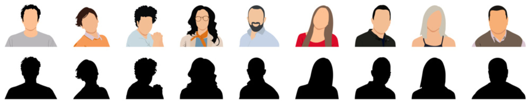 Diverse people avatar profile portraits with unknown faceless silhouettes of man and woman set