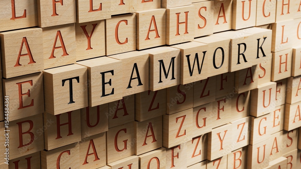 Poster teamwork.wooden blocks spelling.flat lay view from above on wooden background with wooden blocks but