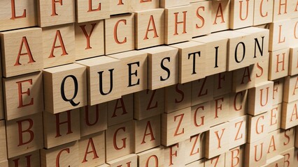 Obraz premium Question - word concept. Minimalist Abstract Design With close up of wooden blocks,3D rendering on wooden background.