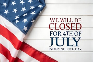 Closed For Fourth Of July With American Flag On White Wood Background