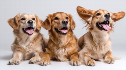 Three playful golden retrievers lie happily on a soft white backdrop, their expressions joyful and full of lighthearted canine companionship.