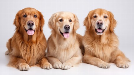 Fototapeta premium Three golden retrievers are lying down together on a soft white backdrop, showcasing their playful and affectionate nature in a beautiful photograph.