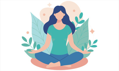 Woman meditating in lotus position surrounded by leaves