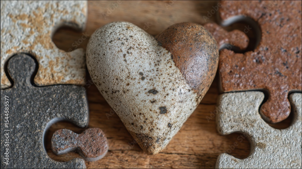 Poster Clay Heart in Puzzle Frame Representing Emotional Healing and Connection During a Quiet Afternoon in a Serene Setting