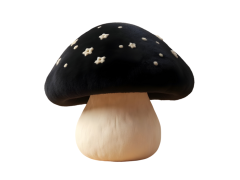 Plush Black and Beige Mushroom Toy with Embroidered White Stars Isolated on a transparent background