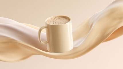 Creamy Coffee Mug on Abstract Beige Liquid Wave Background Perfect for Cafe Menu Design or Beverage Branding
