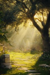 Obraz premium ancient olive tree in a tranquil garden, its branches gently swaying in the breeze