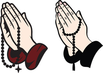 Hands in prayer holding rosary beads isolated on white background
