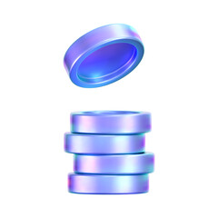 3D holographic coin stack with purple neon effect, isolated on a white background. Render of iridescent chrome coin pile, game token, casino chip, digital currency, or treasure. 3D vector illustration