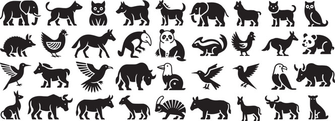 Fototapeta premium Collection of animal silhouettes, including mammals, birds, and wildlife. Isolated on a white background, showcasing a diverse set of species.