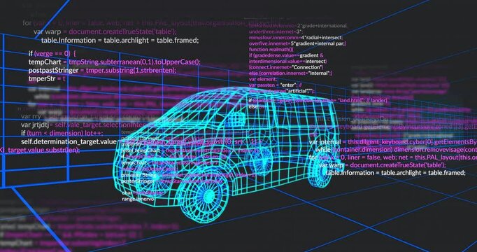 Source code appearing on turquoise wireframe cargo van, blocks sliding, multiplying for overlay