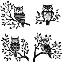 A cute vector illustration of an owls on a tree branch, animal silhouette designs