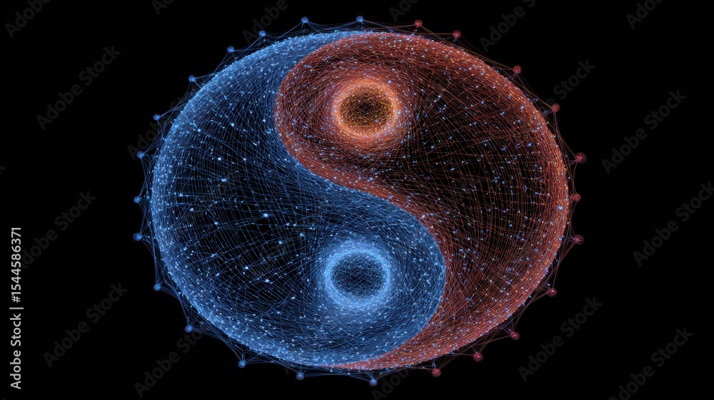 Aufkleber Symbol of Emotional Balance Represented by Yin-Yang Integrated Within a Neural Network Design in a Dark Background
