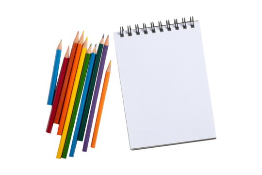Color pencils and white paper notes isolated on tansparent background.