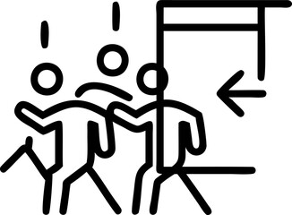 Three Stick Figures Exiting Through Doorway Black White Icon