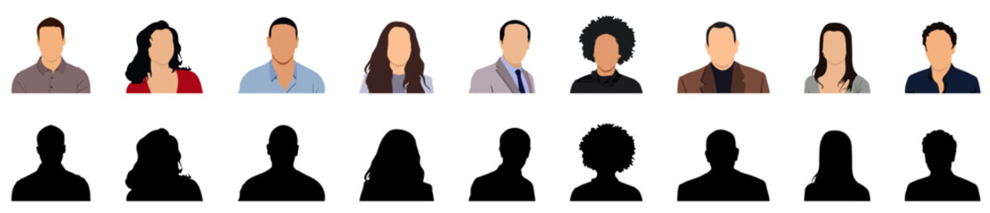 Diverse people avatar profile portraits with unknown faceless silhouettes of man and woman set