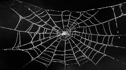 Obraz premium A realistic close-up photograph of a single, dew-kissed spiderweb, perfectly intact and glistening with morning light, symbolizing resilience and intricate connection. The soft, natural light