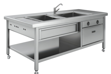 Sleek stainless steel prep station with double sinks promising kitchen efficiency in a modern on transparent background