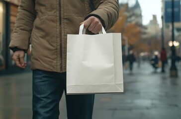 Handheld Shopping Bag Mockup. Close View of Man Holding Retail Bags