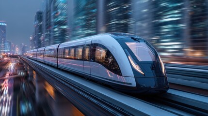 Fototapeta premium Futuristic High Speed Maglev Train Traveling Through Modern City at Night