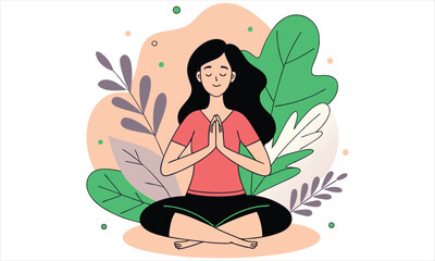 Woman meditating in lotus position surrounded by nature