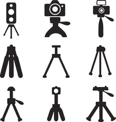 Black and white vector illustrations of various tripods for photography and videography representing different models and designs for professional use.