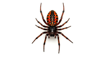 Obraz premium A top-down studio shot of a colorful orb-weaver spider with red and black markings on a white background.