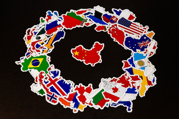 China Map Sticker in Center Surrounded by Global Country Flags