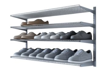Organized Harmony A diverse array of shoes neatly arranged on a sleek metallic three tiered on transparent background