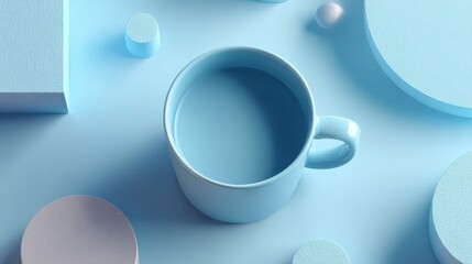 Light Blue Mug on Pastel Blue Background with Geometric Shapes Minimalist Scene