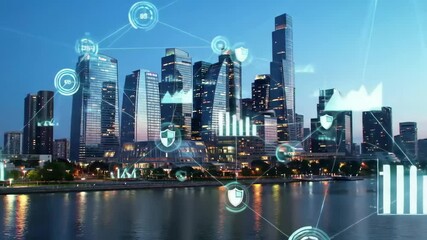 Futuristic smart city skyline with digital data overlays, animated network, glowing icons, city lights reflection - Powered by Adobe